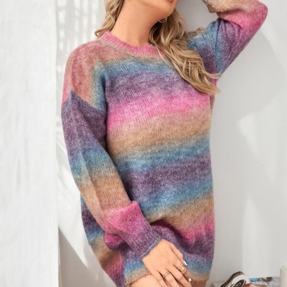 Plus Cozy Pink Purple Ombre Color Block Fuzzy Sweater - Picture 2 of 4